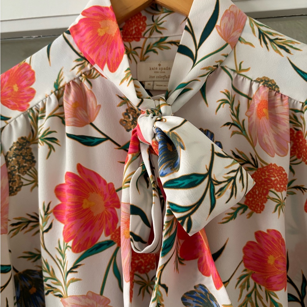 kate spade Cream Floral Tie-Neck Blouse with Pink & Green Accents - Picture 3 of 9